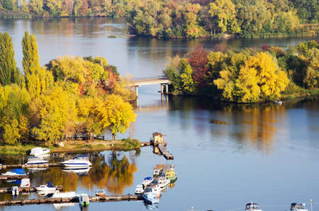 River and Kiev railway bridge, autumn, natureの写真素材