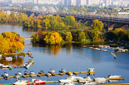 River and Kiev railway bridge, autumn, natureの写真素材