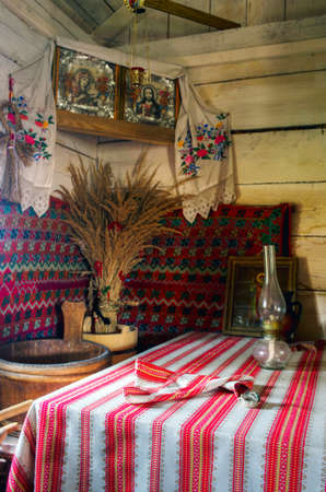 Ukrainian historical peasant dwelling interior with various home articles. (museum)のeditorial素材