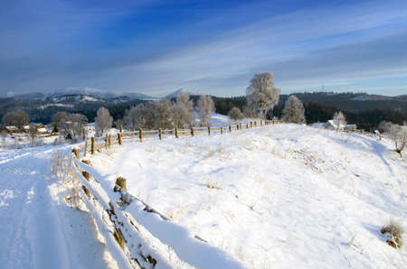 Sunrise in winter mountains . Sunrise in Carpathian Mountains, Ukraineの写真素材