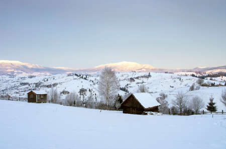 Carpathian mountain valley covered with fresh snow. Majestic landscape. Ukraine, Europeの写真素材