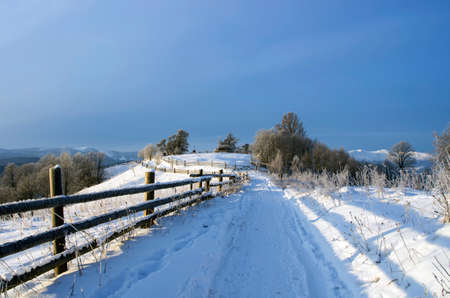 Carpathian mountain valley covered with fresh snow. Majestic landscape. Ukraine, Europeのeditorial素材