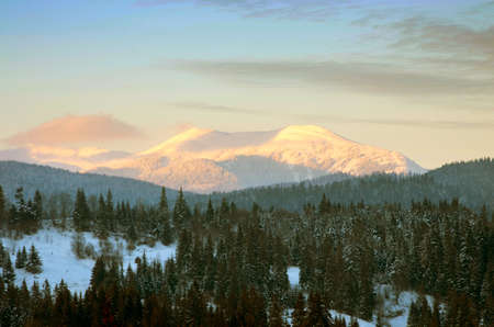 Carpathian mountain valley covered with fresh snow. Majestic landscape. Ukraine, Europeの写真素材