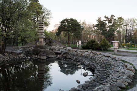  Japanese square in the early spring on a morning in Kiev, Ukraineの写真素材