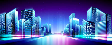 Vector neon metropolis night view. Shiny highway with reflections on night city background.のイラスト素材