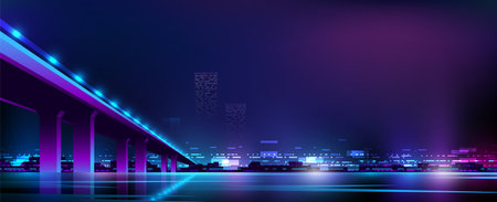 Concrete bridge stands over the water surface. Illustration of neon city view.のイラスト素材