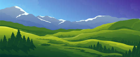 Beautiful high hills on mountains widescreen background. Spring horizontal landscape.のイラスト素材