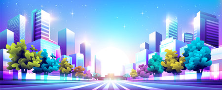 Vector neon colorful widescreen illustration of a beautiful night street with road, buildings and trees.のイラスト素材