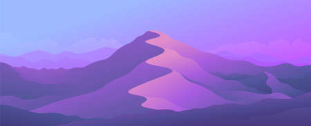 Beautiful morning sunrise in the mountains on horizontal illustration.