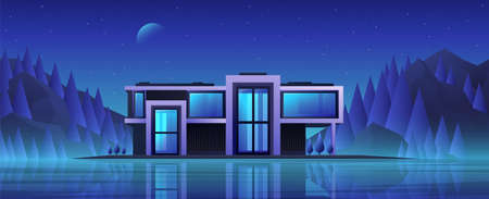 Modern dream house exterior. Night view Loft villa next to beautiful nature.のイラスト素材