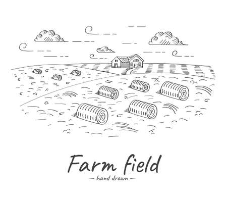 Vector hand drawn sketch illustration of a ranch. Meadows with collected sheaves of hay, farmhouse.のイラスト素材