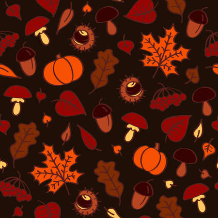 Hand drawn seamless autumn doodle pattern on dark background.のイラスト素材