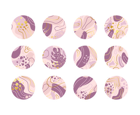 Round highlight icons for social media. Abstract covers with different shapes, lines and dots. Vector trendy illustrations set in pink and gold colors.のイラスト素材