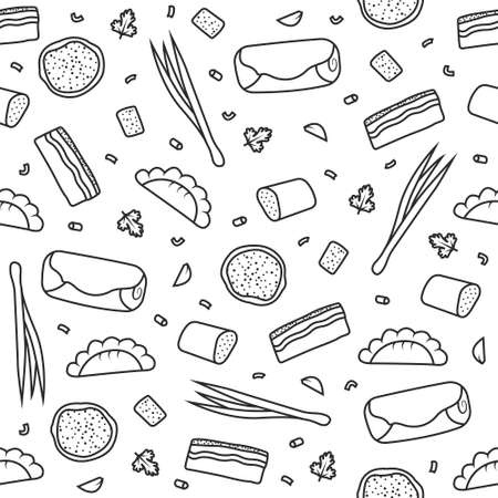 Seamless outline pattern of elements of Ukrainian cuisine on a white backgroundのイラスト素材