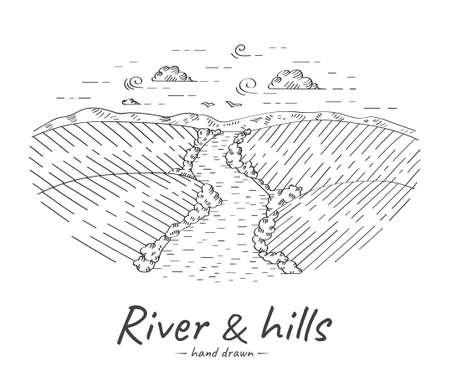 Vector hand drawn illustration of sketch river among hills isolated on white background.のイラスト素材