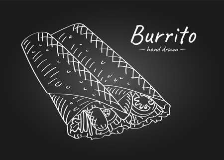 Hand drawn illustration of burrito with sausage and vegetables in outline style.のイラスト素材
