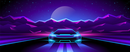 Futuristic neon car rides on highway on mountains backgroundのイラスト素材