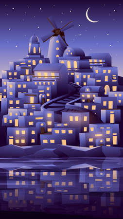 Illustration of a night glowing old city on a night sky background. Reflection of the city on the water surface.のイラスト素材