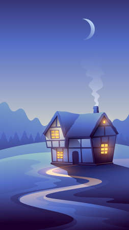 Colorful illustration of traditional Germanic villa in gothic style. Vector vertical banner of winter night cottageのイラスト素材