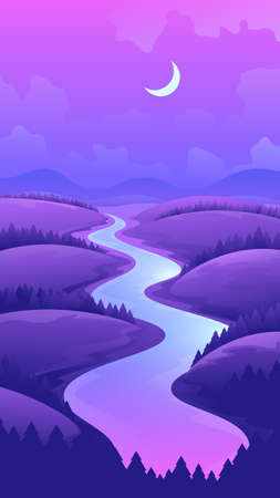 Beautiful view of the meadow with the river. Vertical evening illustration with hills and forests on the night sky backgroundのイラスト素材