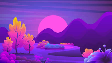 Evening sunset landscape on a mountain range background. colorful trees and plants.のイラスト素材