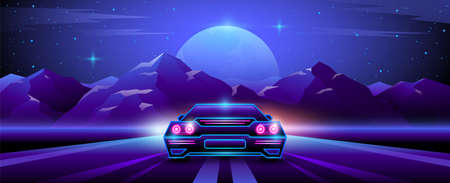 Futuristic neon supercar rides on a night mountain landscape with the moon in the sky backgroundのイラスト素材