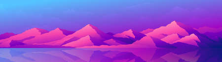 Evening sunset widescreen landscape of a row of mountains. Pink mountains reflected on the water surfaceのイラスト素材