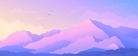 Widescreen illustration of a mountain range against an evening pink cloudy sunset sky