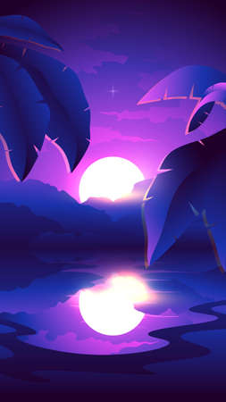 Tropical sunset on the beach. Rays of light break through the palm foliageのイラスト素材