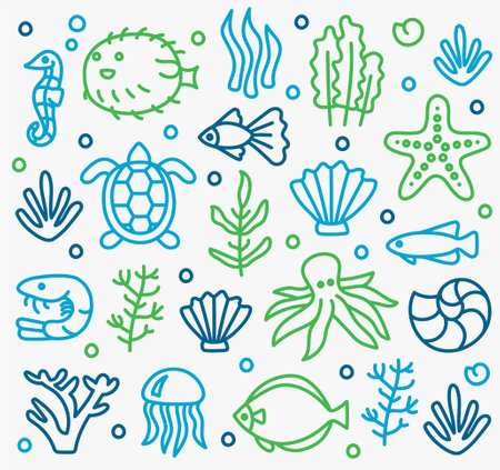 Vector colorful set of doodle ocean elements illustrations on bright background.のイラスト素材