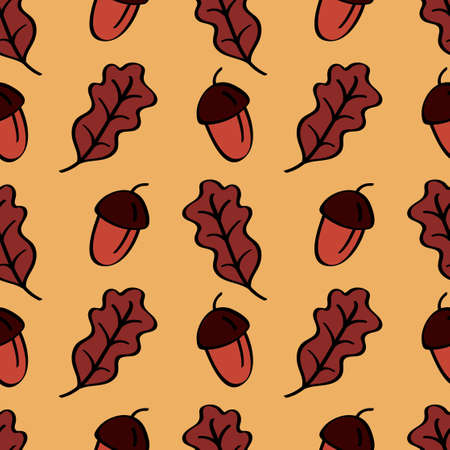 Hand drawn seamless doodle pattern of oak leaves and acorns.のイラスト素材
