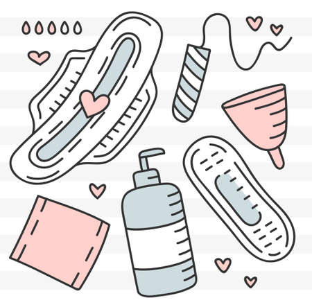 Vector colorful set of doodle illustrations of intimate hygiene products for women.のイラスト素材