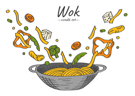 Hand drawn illustration of colorful flying noodles with pieces of chicken and vegetables in a wok pan.のイラスト素材