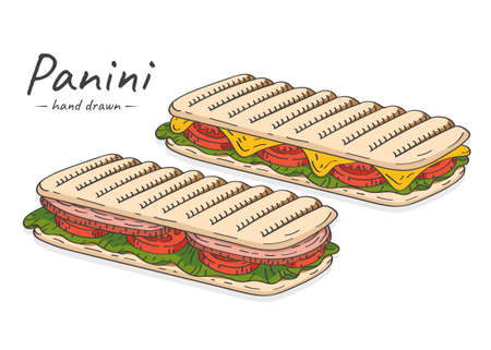 Hand drawn colorful panini illustration with cheese, tomatoes and ham.のイラスト素材