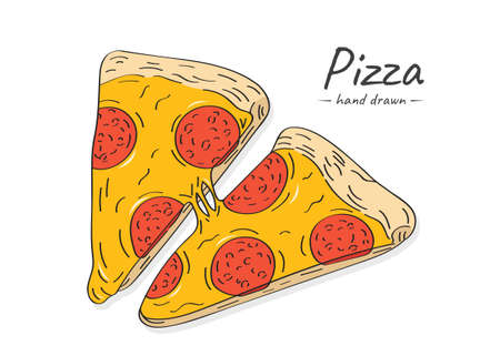 Vector hand drawn sketch illustration of slices pepperoni pizza with salami sausage and cheese.のイラスト素材
