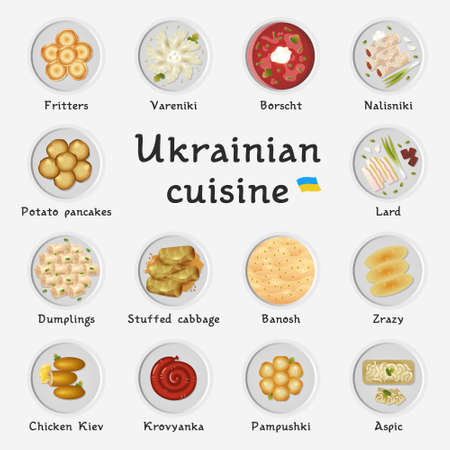 National ukrainian cuisine set isolated on plates on a white background.のイラスト素材