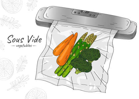 Vector hand drawn sketch illustration of a vacuum sealer and vegetables in a vacuum package. Sous Vide Slow Cooking Technology.のイラスト素材