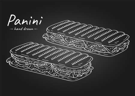 Hand drawn panini illustration with cheese, tomatoes and ham in outline style.のイラスト素材