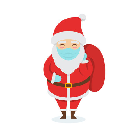 Vector flat Santa Claus in protective face mask holding bag with gifts. Character illustration isolated on white background.のイラスト素材