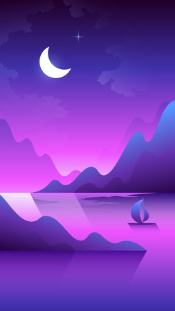 Lonely sailboat floats through the fjords. Vertical illustration of night seascape.のイラスト素材