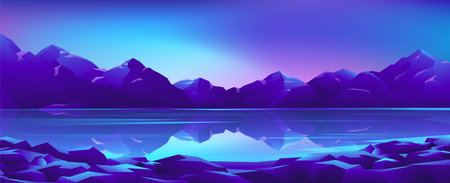 Beautiful night view of the mountainous terrain. Fjords on northern lights background.のイラスト素材