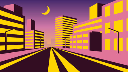 Beautiful evening flat illustration of pink buildings and street.のイラスト素材