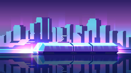 Public city transport scene on a horizontal illustration. Modern tram stands at a stop on the evening city background.のイラスト素材