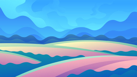 Rural fields on distant mountains background. horizontal flat landscape.のイラスト素材