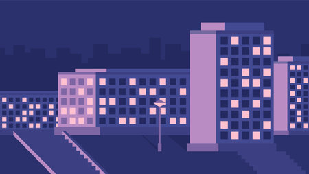 Night residential street with luminous windows. night city landscape scene.のイラスト素材