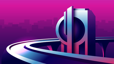 Long highway on the bridge near the modern unusual skyscraper. Futuristic city architecture.のイラスト素材