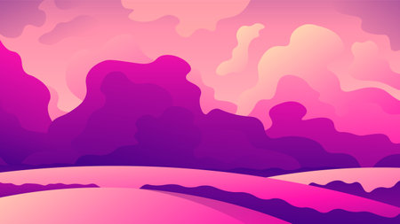 Pink cumulus clouds over the hills. beautiful horizontal natural sunset.のイラスト素材