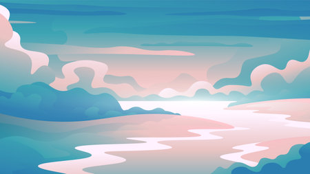 Early morning over the river and fields on a cloudy background.のイラスト素材