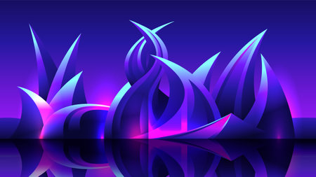 Horizontal futuristic landscape of the future. Modern unusual forms of the building of night city.のイラスト素材