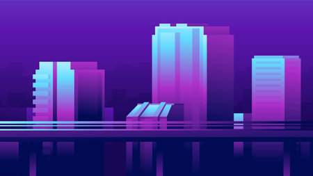 Gradient vector city. Evening dark street with business houses and bridge. Horizontal illustration of night urban scene.のイラスト素材